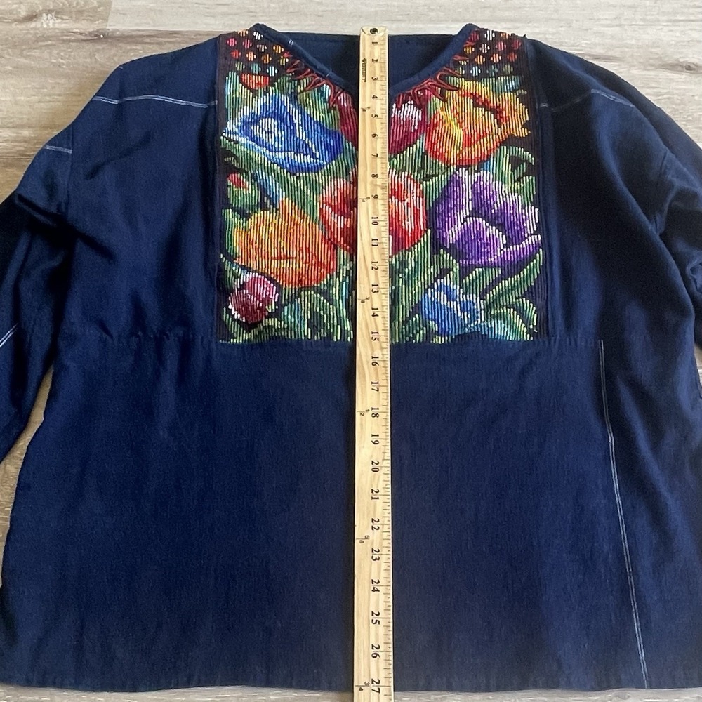 Guatemalan Hand Embroidered‎ Artisan Top Large Indigo Womens Folk Art Tunic** - Picture 3 of 7